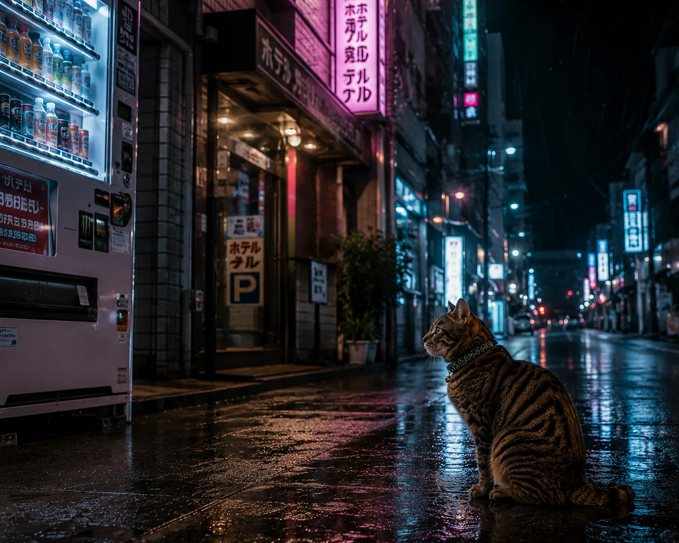 Cate sitting on a rain-slicked neon Tokyo street at night